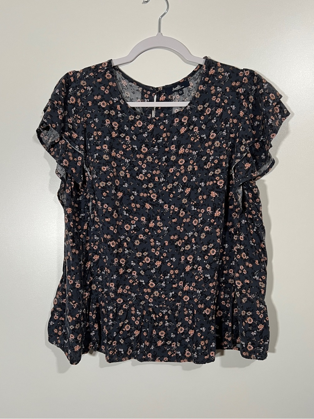 Blouse with Ruffle Sleeves Dark Blue with Micro Pink Flowers Size Large